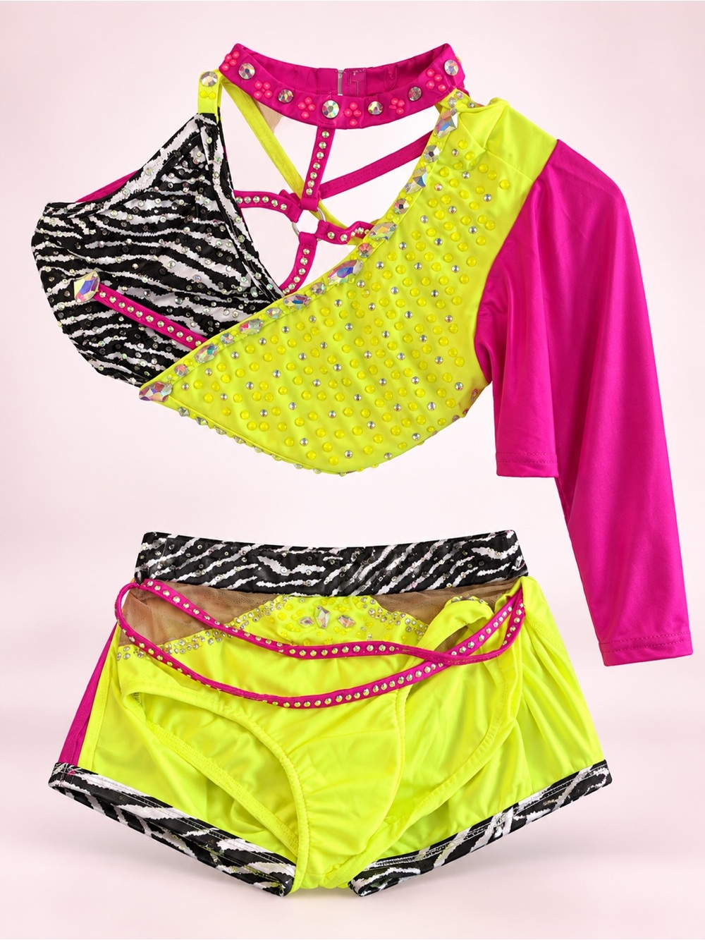 Girls' Neon Yellow & Hot Pink Dance Costume Set with Zebra Accents